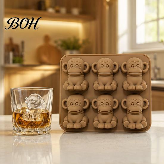 Novelty Ice Cube Mold Silicone Tray with Leak-Proof Lid, Monkey-Shaped 3D for Cubes Flexible Maker Chocolate Jelly Mini Desserts, Stackable