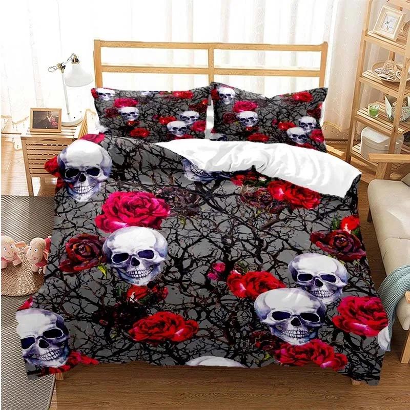 Sugar Skull Duvet Cover Set Queen Size Flowers Skeleton Bed Linen Double Bedding Set With Pillowcase King Size Skull Quilt Cover