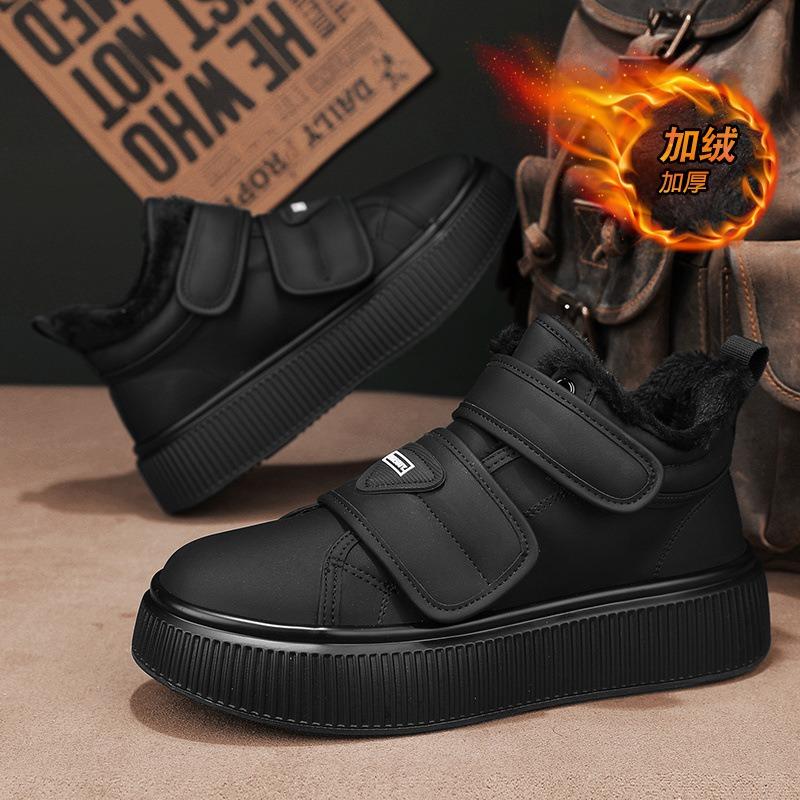 Мужские туфли на липучке, зимние бархатные теплые высокие хлопковые туфли, черные на толстой подошве, с интегрированным мехом, водонепроницаемые и нескользящие зимние ботинки