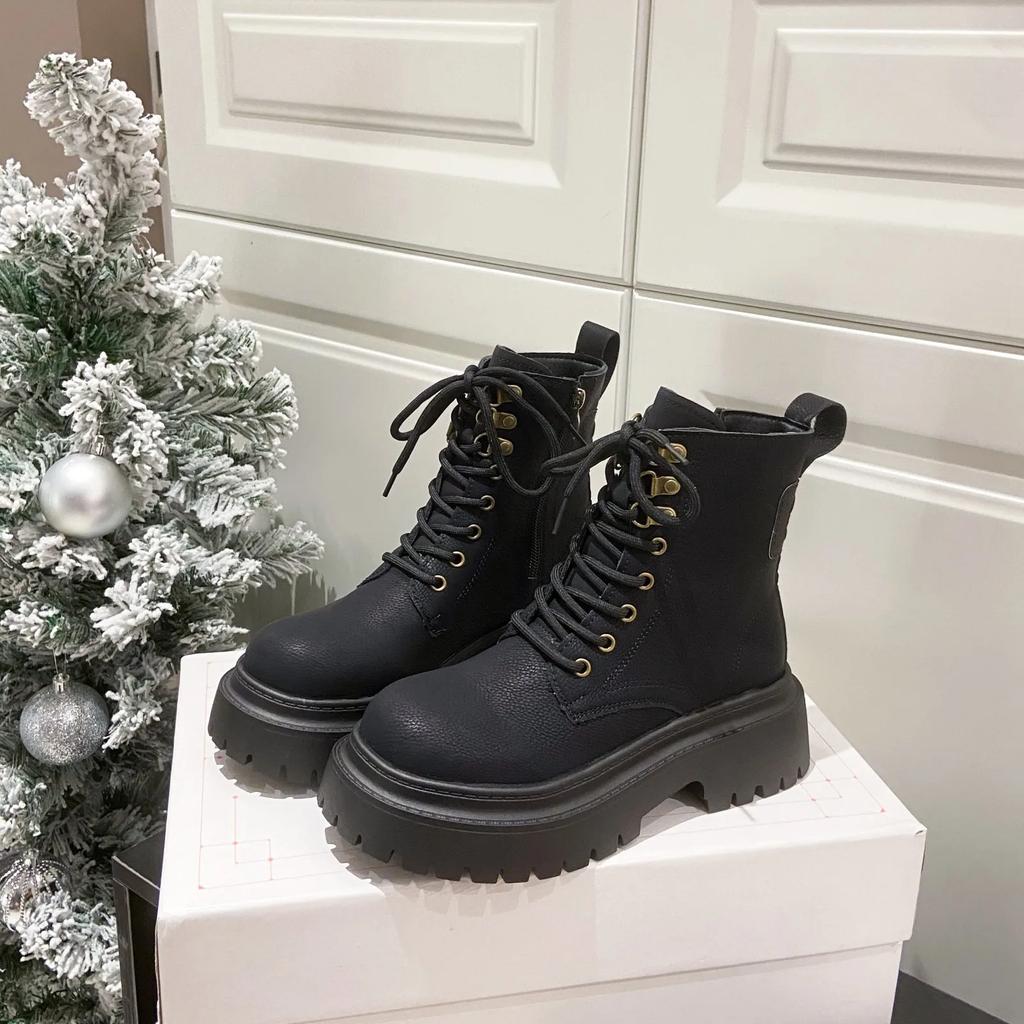 Ботинки из мягкой кожи в британском стиле с круглым носком и плоским каблуком, с цветной отделкой, женские, новые, короткие, на толстой подошве, на среднем каблуке