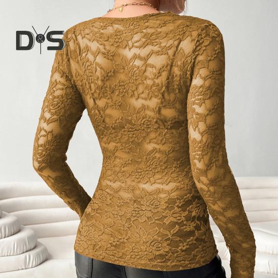 Женские топы, однотонная рубашка с V-образным вырезом и длинным рукавом, прозрачная вышитая кружевная повседневная рубашка с цветочным узором