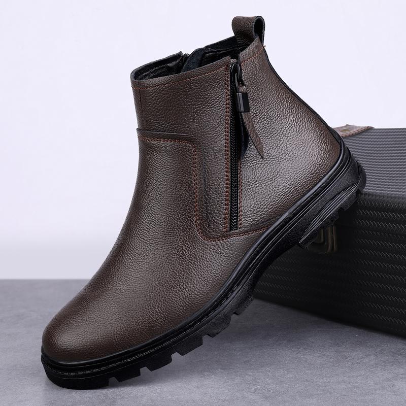 Модные зимние новые теплые ботинки из натуральной кожи с круглым носком, мужские ботинки челси с боковой молнией, мужские ботинки до щиколотки, нескользящие, удобные деловые ботинки