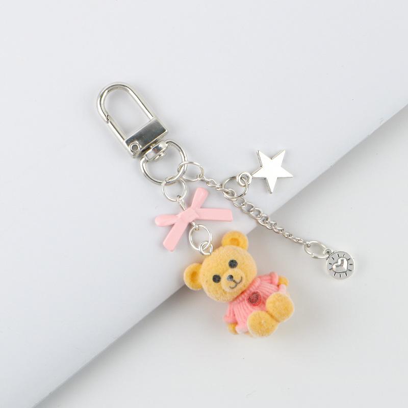 Lovely Flocking Bear Animal Keychain Pendant Mobile Phone Chains Fluffy Cute Bow Star Bag Hanging Ornaments Accessories Gifts