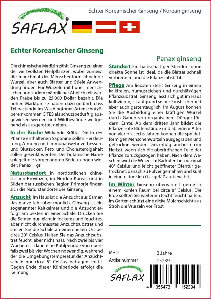 SAFLAX Garden in the Bag - Корейский женьшень - 10 семян - С субстратом в подходящем пакете-стойке - Женьшень Panax