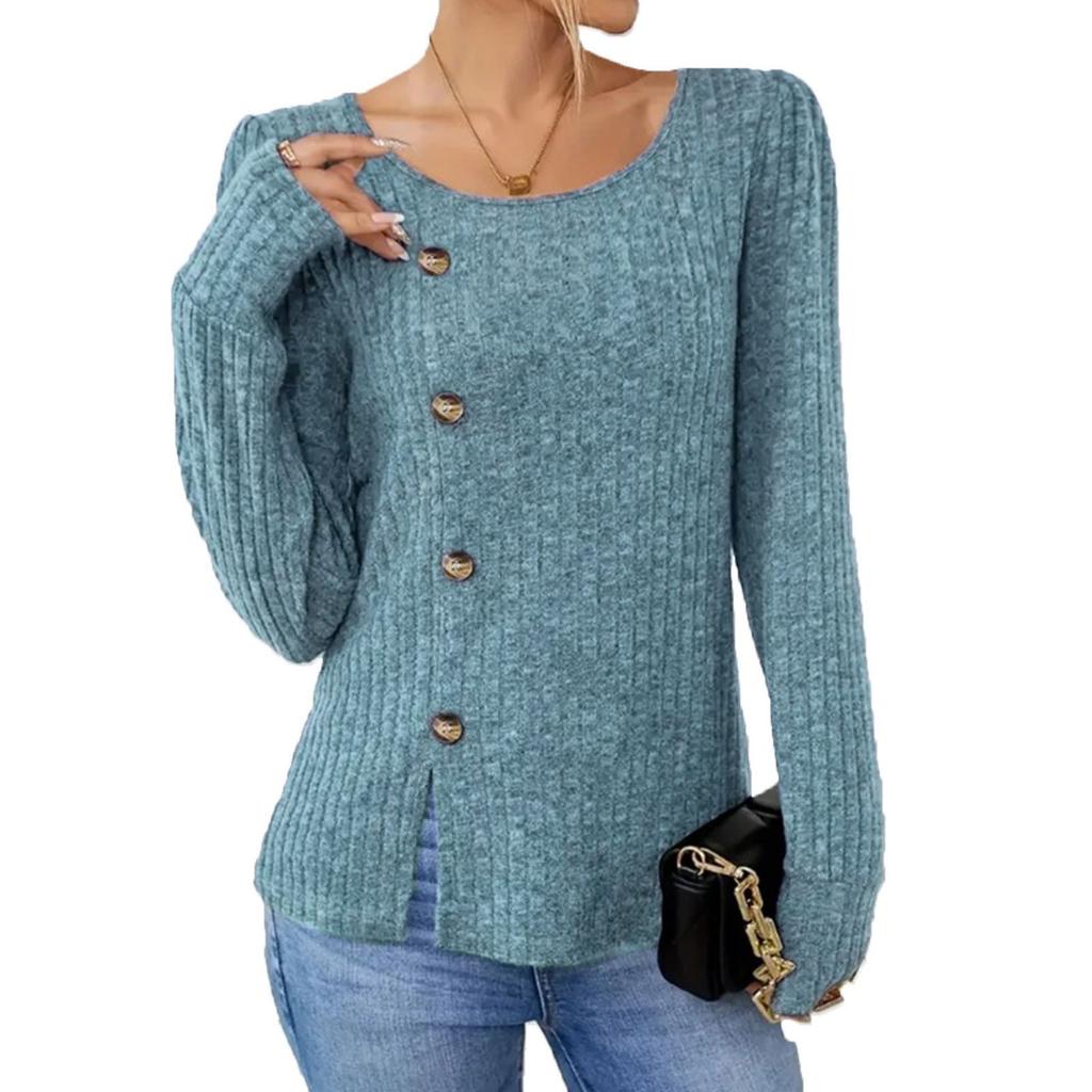 GMXIA Autumn Winter Solid Color O-Neck Button Long Sleeve Loose T-shirt Top Woman