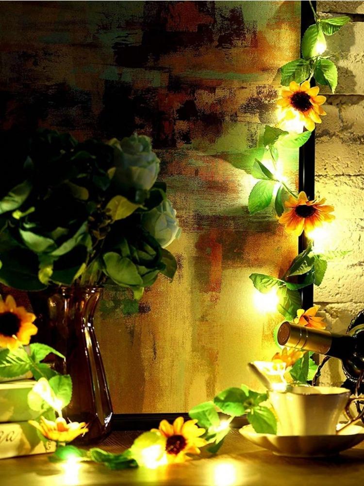 Artificial Flower Fairy String Lights Sunflower Roses String Lights Outdoor Waterproof 2m 20LED Sunflower Roses Garland with Lights for Garden