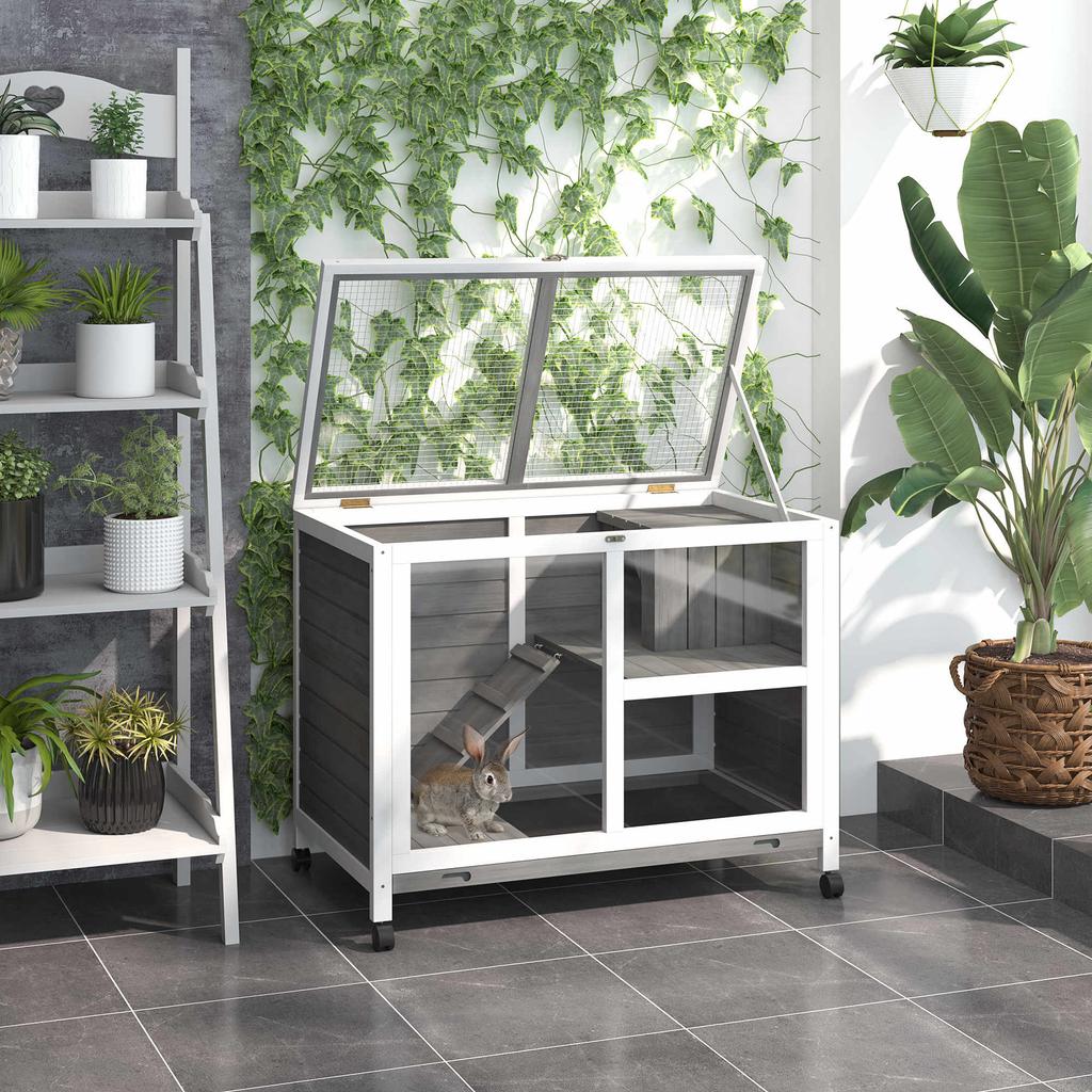Wooden Rabbit Hutch Indoor With Wheels Openable Roof 91.5 X 53.3 X 73 Cm Grey