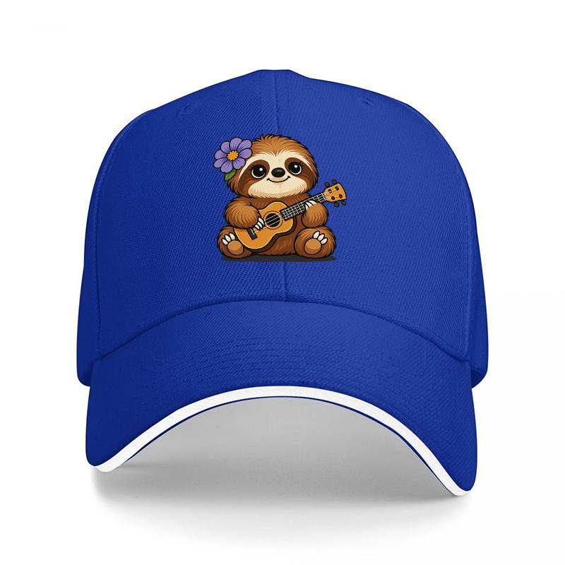 Sloth Playing Ukulele Baseball Cap with Floral Design Black Adjustable Hat for Music Lovers and Nature Enthusiasts