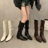 Suding Home Coarse Heel Pointed Pile Boots Long Boots Women's Shoes 2025 New Spring, Autumn and Winter Medium Tube Skinny Knight Boots