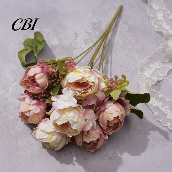 Silk Peony Bouquet 7 Heads Artificial Flowers, Vintage Fake Flower Arrangements Wedding Buds With Leaves Bouquets Decorations, Floral Table