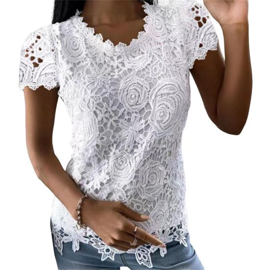 Женские топы с круглым вырезом, короткими рукавами, однотонная футболка с кружевными вставками, однотонные