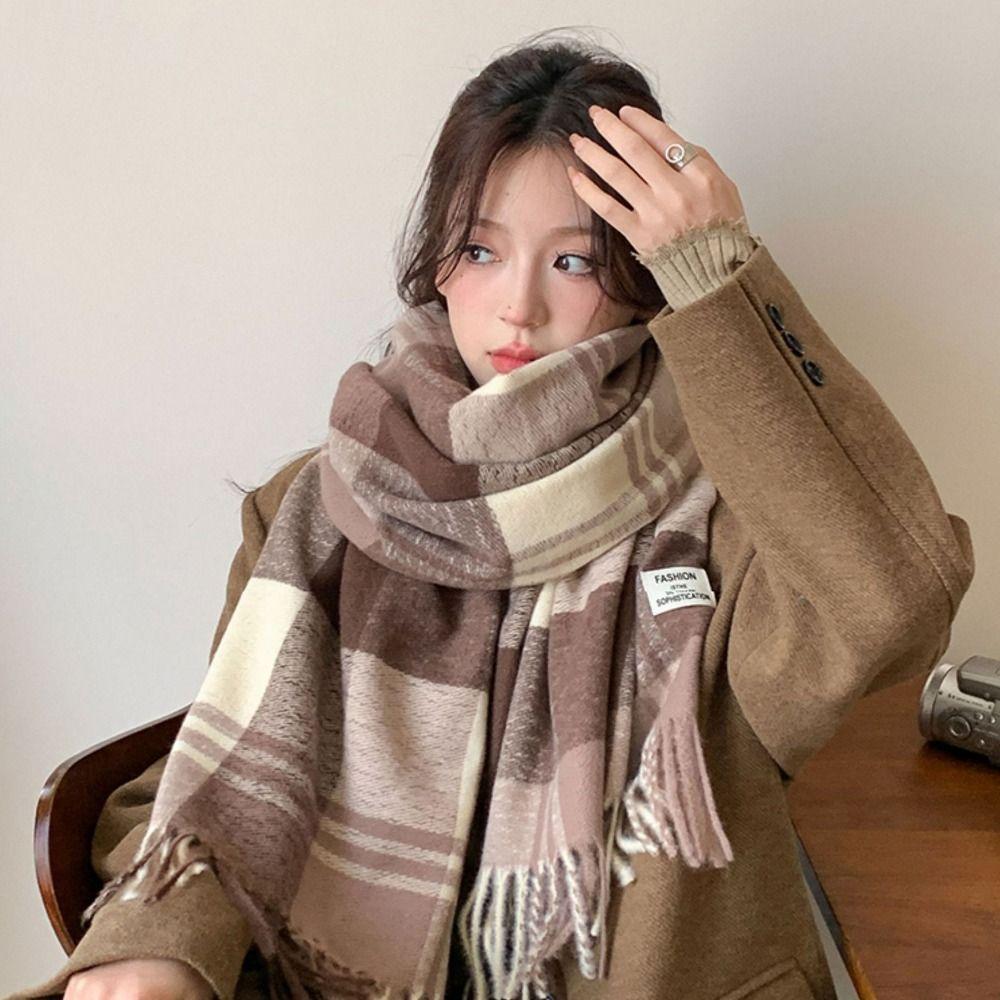 Long Tessel Plaid Wool Scarf Thicken Men Scarf Simple Winter Cashmere Scarf Female