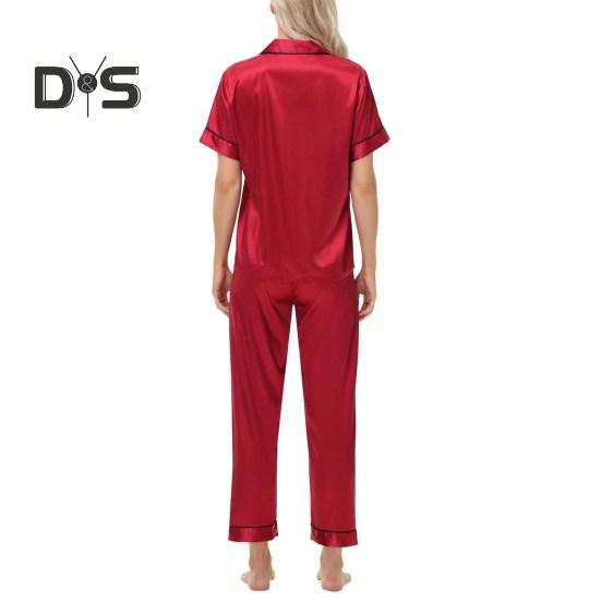 Пижамный костюм из 2 предметов, однобортный, из атласа, шелка, большого размера, кардиган, рубашка с V-образным вырезом, воротник-стойка, однотонная рубашка, широкие свободные брюки, ночная рубашка