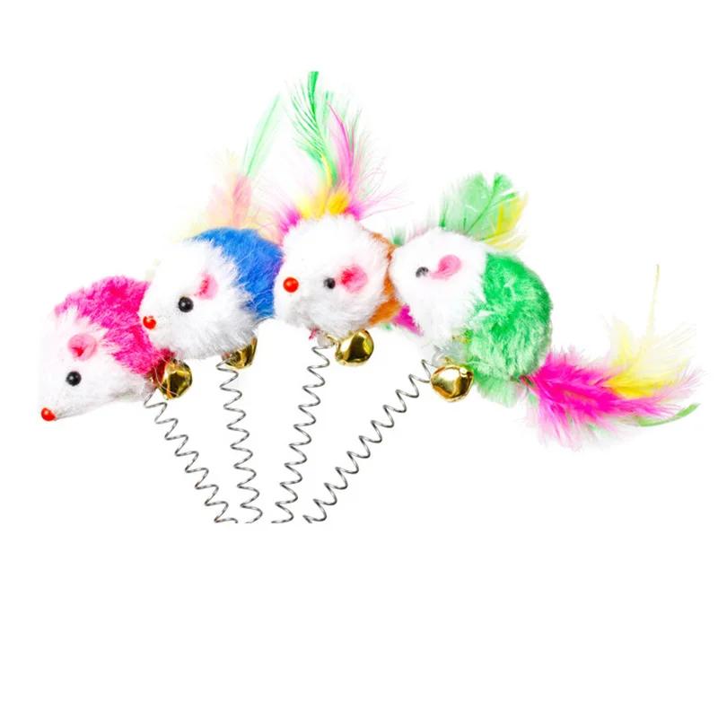 Качающаяся игрушка-мышь - игрушка-мышь с присоской, пружиной и перьями, со звуком колокольчика, интерактивная игрушка для кошек