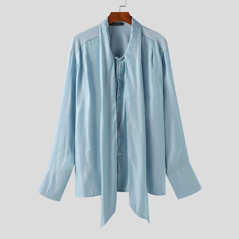 INCERUN Мужские атласные рубашки большого размера с бантом на шнуровке и длинными рукавами