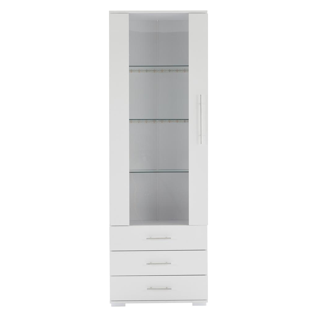 White high-gloss display cabinet, glass display cabinet, standing display cabinet with LED lighting, vertical with 3 drawers, 60*35*180cm