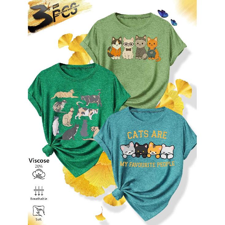 3Matching outfits for sisters' family gatherings Cartoon cat fun text print casual round neck top, fresh and versatile, made of soft knitted fabric,