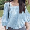 Women Square Collar Loose Casual 3/4 Sleeve Print Blouse