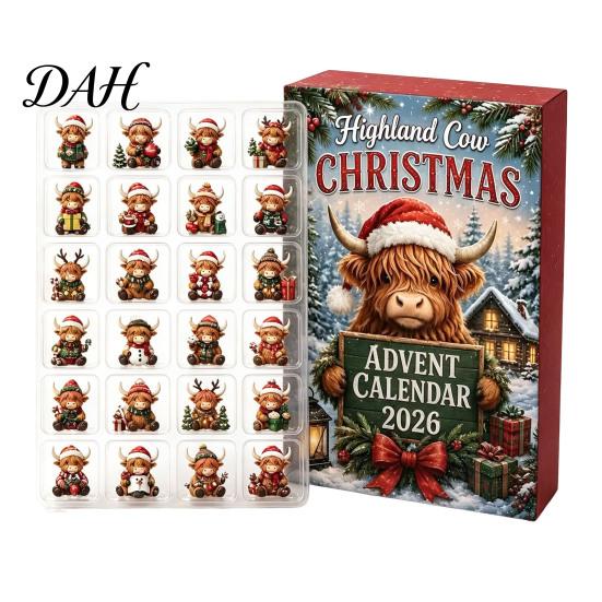 Classroom Exchange Gifts 2026 Highland Cow Christmas Advent Calendar, 24-Day Acrylic Countdown Ornament Set with Travel Companion Play