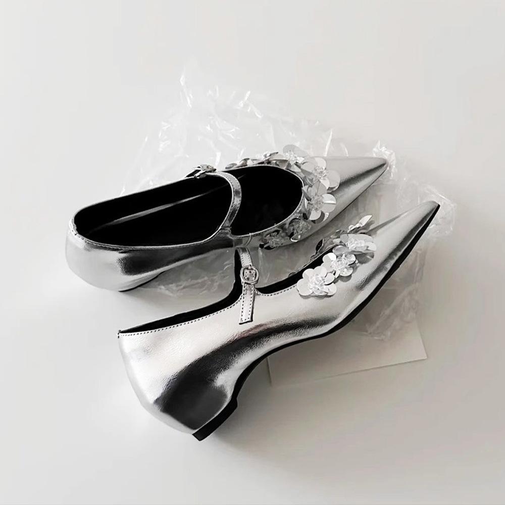 Японские остроносые балетки с пайетками, новые, холодный дым, ремешок Мэри Джейн