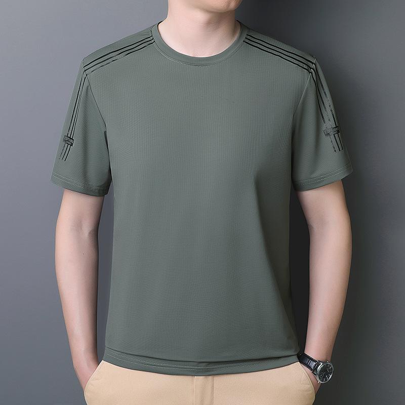 Летняя футболка с коротким рукавом, мужская, из шелка, с круглым вырезом, для бега, спортивная, быстросохнущая, повседневная, деловая, большого размера