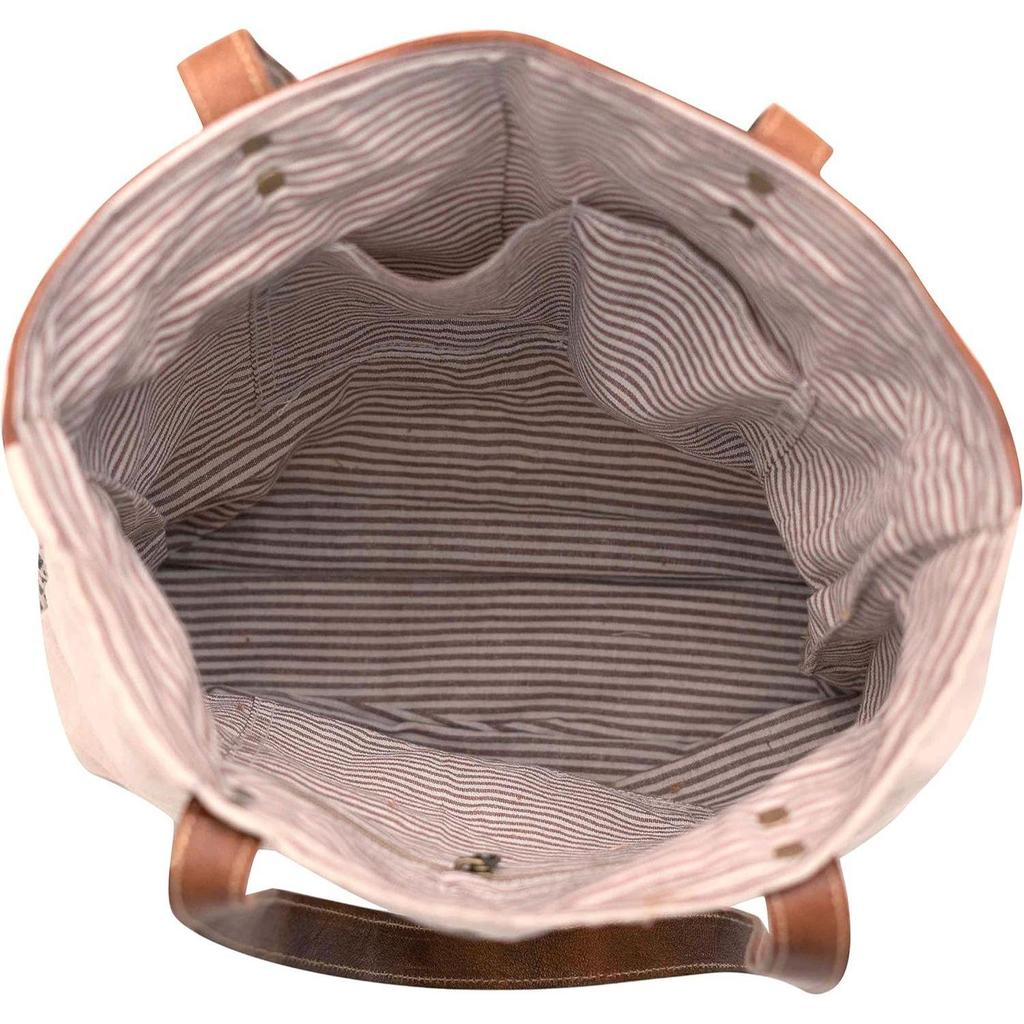 Let's Touch The Sky Leather Bags Bicycle Upcycled Canvas Tote Bag White Tan, Khaki, Brown