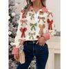 Women's Retro Christmas Pattern Blouse - Turn-Down Collar Long Sleeve, Loose Casual Silhouette, Festive Gift Tree Print Top Suitable for Fall/Winter