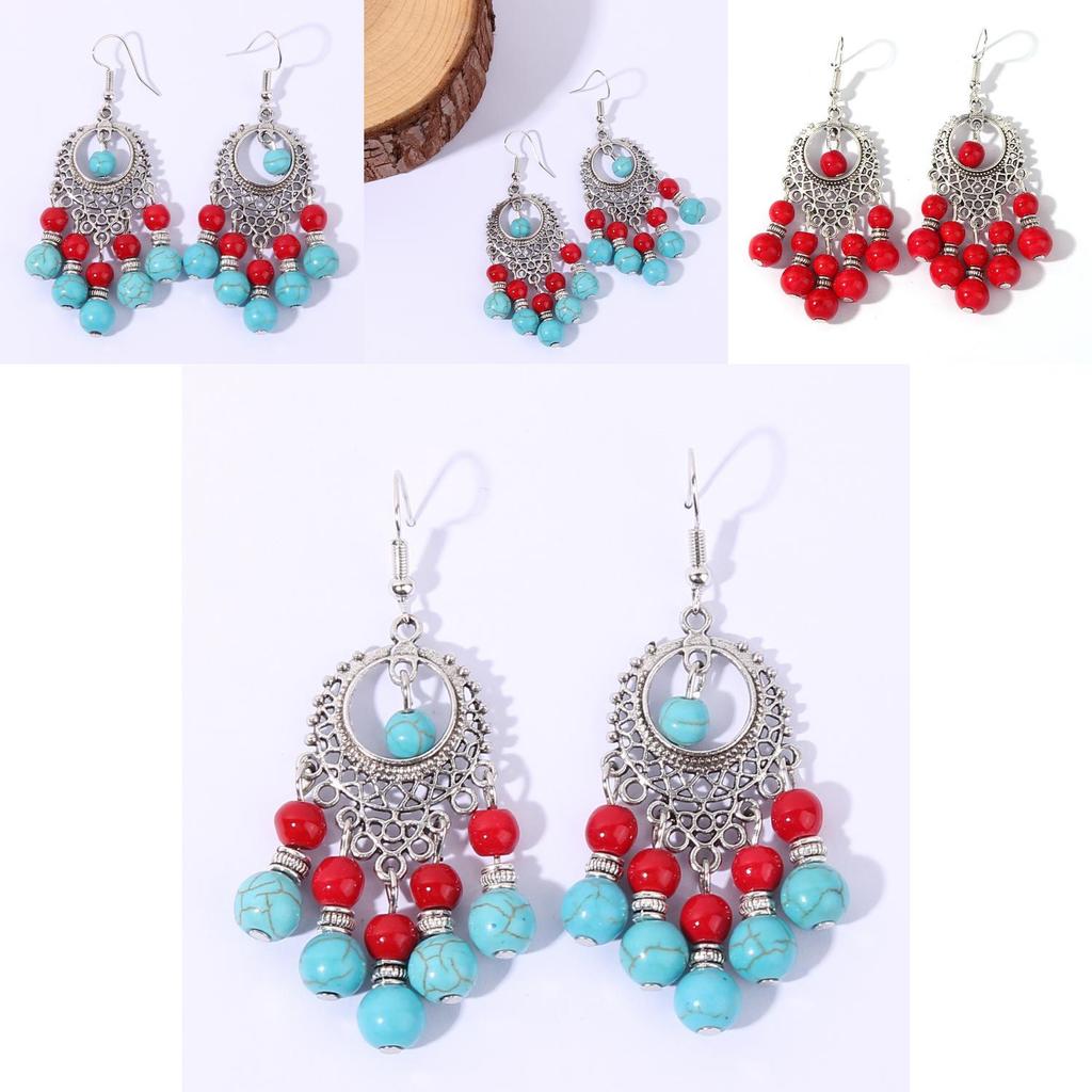 Ethnic Simulation Turquoise Beaded Earrings With Silver Filigree For Casual Wear
