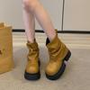 2024 New Pleated Round Head Thick-soled British Trouser Tube Boots Autumn Thick Heel Fashion Boots Muffin Short Tube Stacking Boots Women