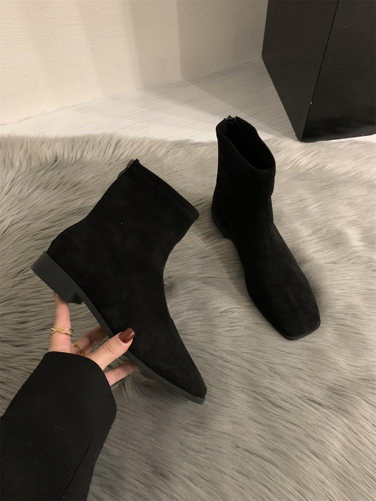 Martin boots genuine leather Korean retro square head suede thick heel heightened thin short boots women's autumn and winter