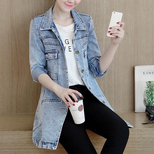 Denim Jacket Women's Slim Long Leggings Jacket Women's Trim Navy Plus Size Jeans Jacket Jacket S-5XL