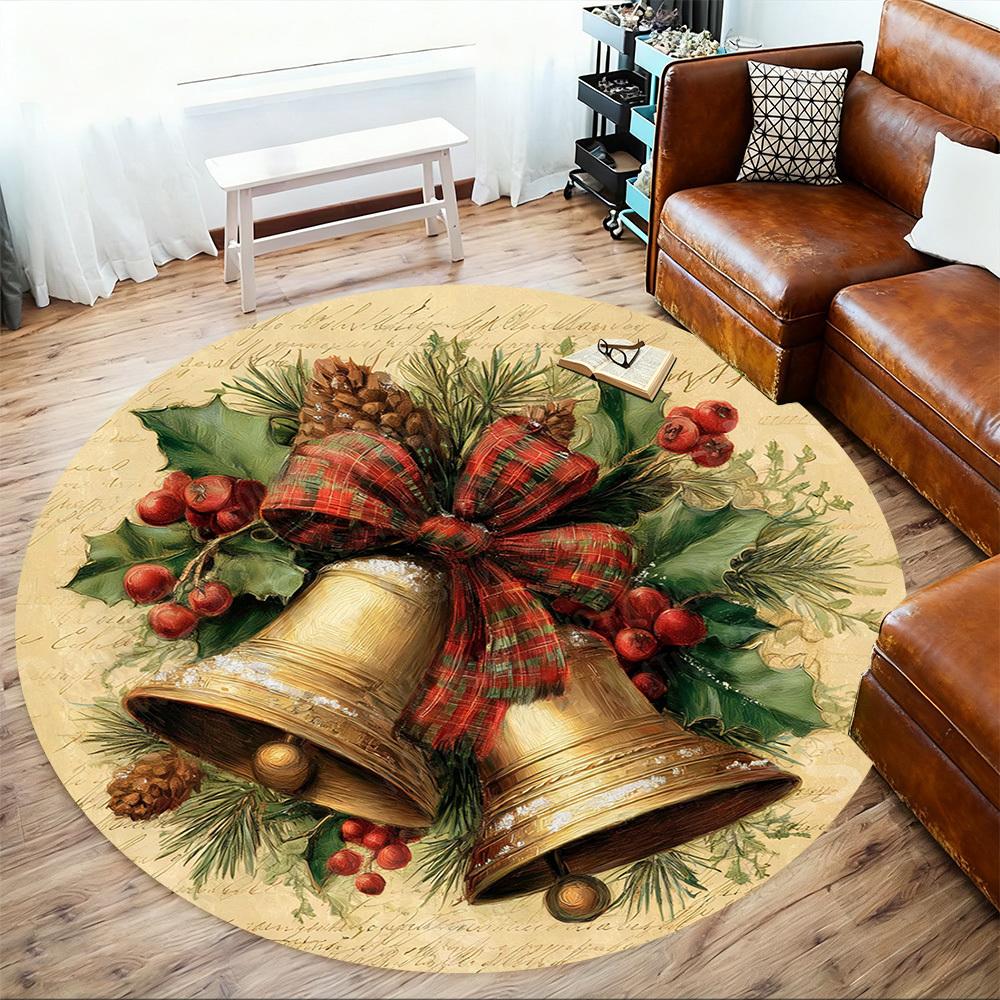 1PC Christmas bells Holly berries Office Round Area Rug, Under Office Chairs Bedroom Living Room Home Decor, Carpet for Office -1110161