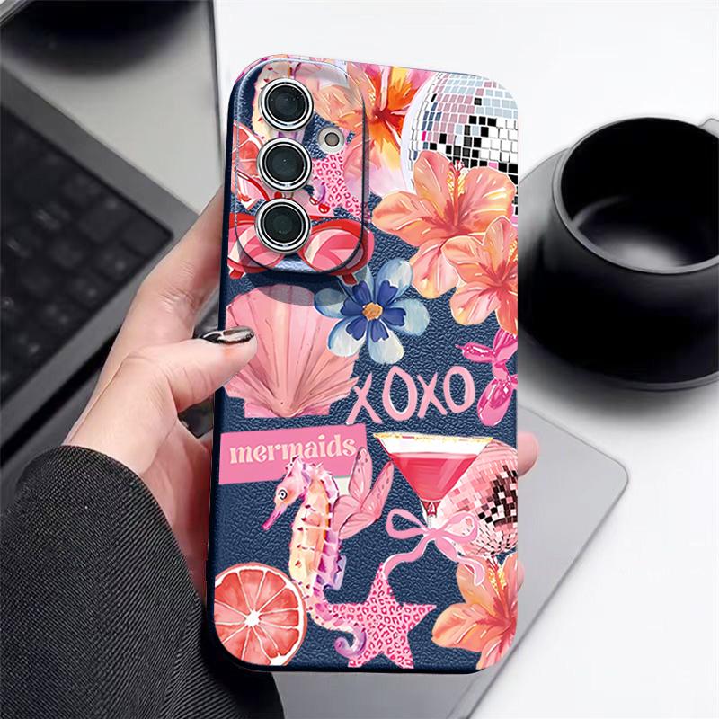 Розовый Чехол с Мультяшным Цветочным Рисунком для Samsung Galaxy A57 A56 A55 A54 5G A37 A36 A35 A34 A17 A16 A15 A14 Силиконовый Чехол с Текстурой Кожи