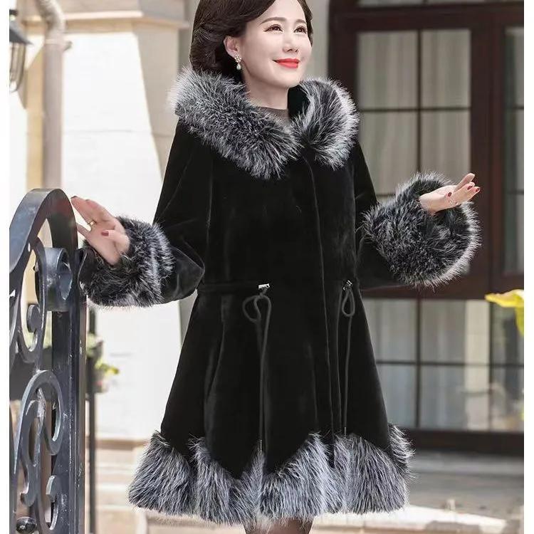 Autumn and Winter Mink Fleece Jacket Women's Mid-length Plus Size Mink Coat Women's Hooded Faux Fur Slim-fit Jacket Women