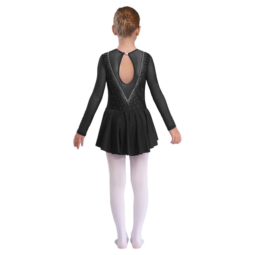 Детское стильное платье для катания на коньках для девочек с длинным рукавом и V-образным вырезом, стразами, лоскутным шитьем, открытой спиной, танцевальная одежда