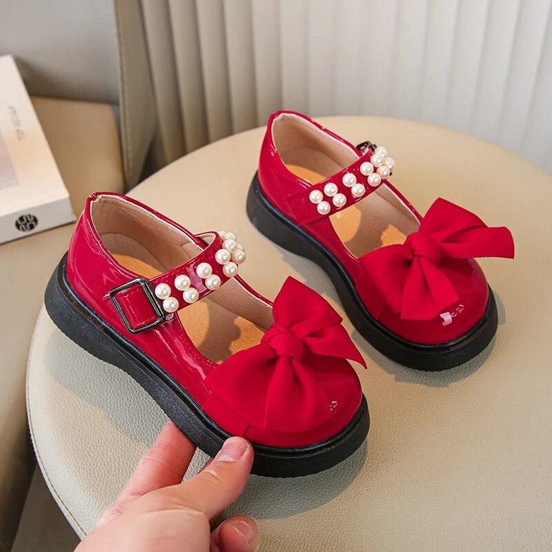 Children Fashion Leather Shoes for Girls Pearls with Bow Simple Platform Cute Princess Party Wedding Shows Kids Shoes Korean PU