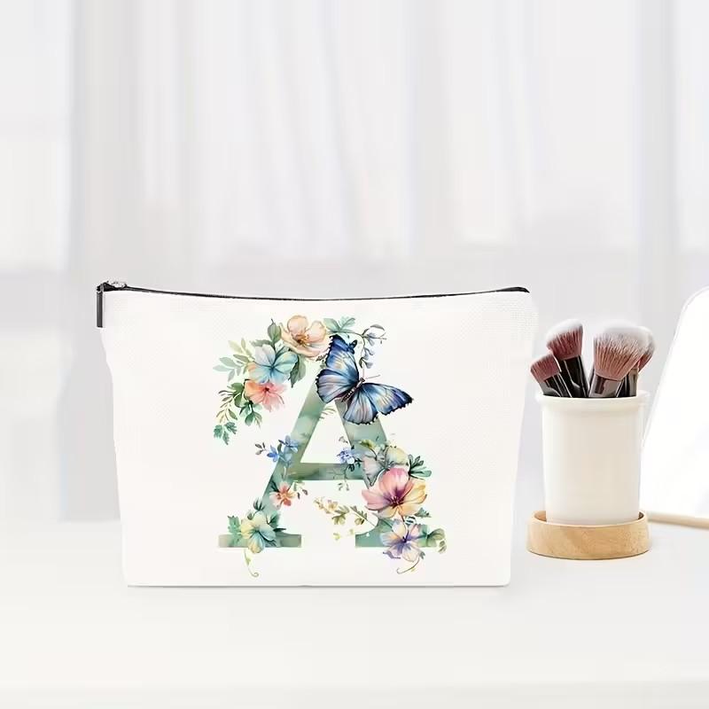 Letter Floral Pattern Zipper Cosmetic Bag Portable Travel Makeup Pouch Multifunctional Toiletry Wash Storage Bag for Women Daily Vacation Organizer