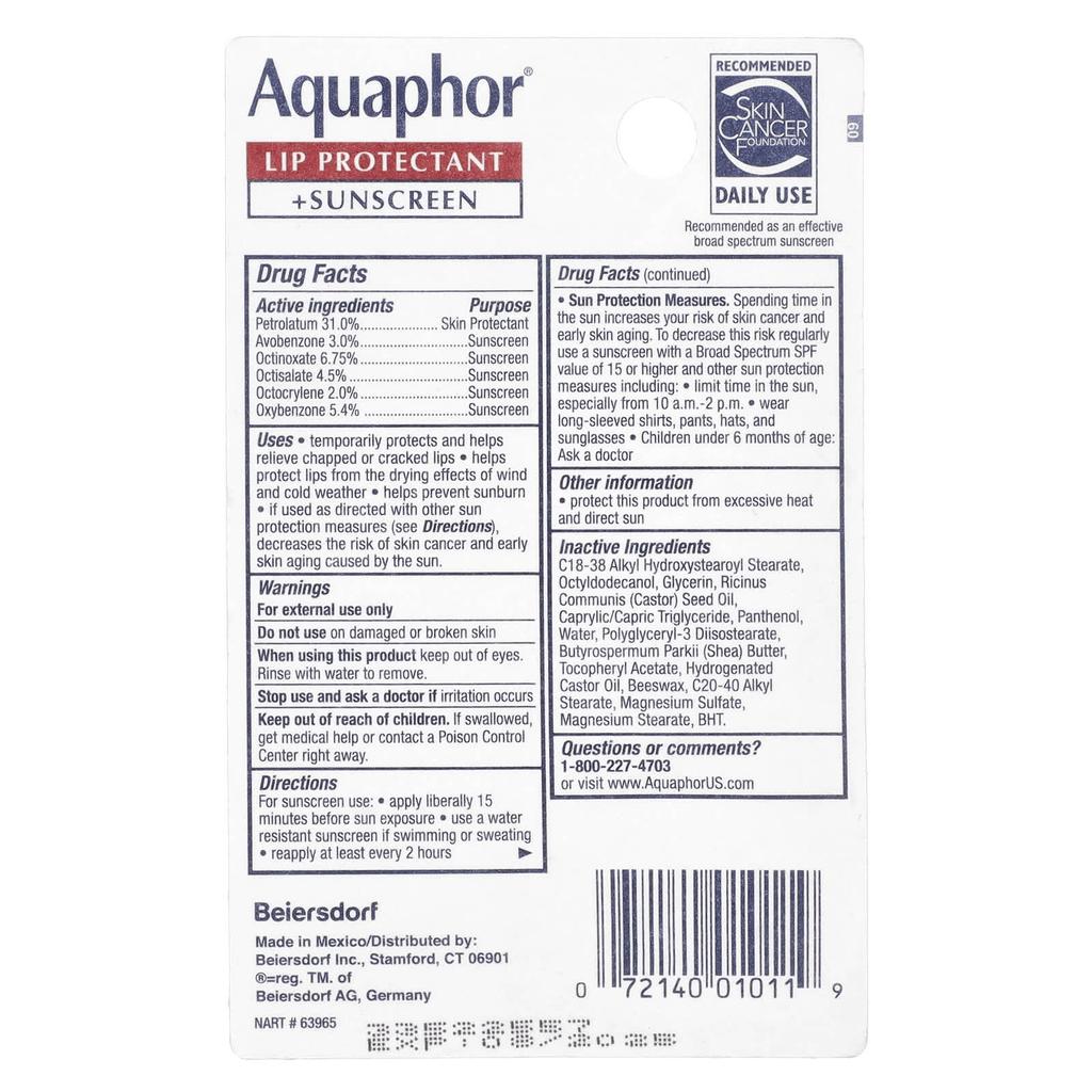Aquaphor Защитное средство для губ + солнцезащитный крем, SPF 30, 0,35 жидких унций (10 мл)