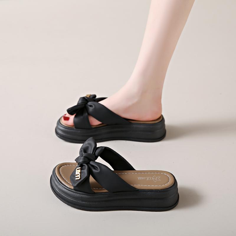 Женские милые тапочки с бантом, летние уличные нарядные с открытым носком, повседневные сандалии на толстой подошве для девочек, сандалии на платформе, большие размеры