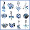 New 925 Sterling Silver Blue Murano Bead Pansy Flower Dangle Charm Fit Brand Bracelet And Necklace