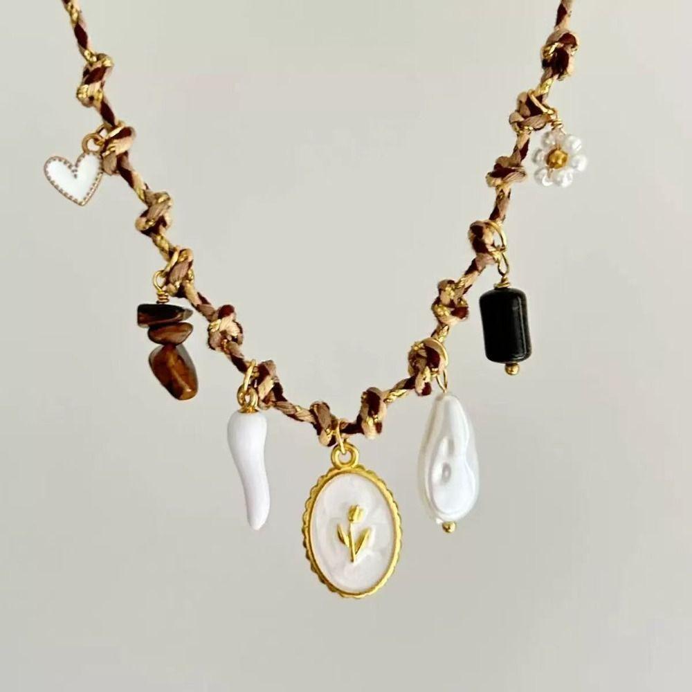 Pearl Accent DIY Knotting Rope Chain Copper Gold-Plated Necklace Turtle Pendant Necklace  Summer