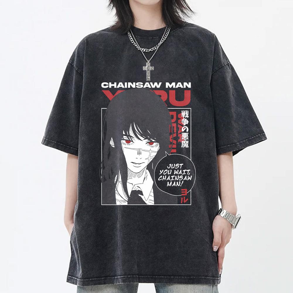 Hot Japanese Yoru Graphic T Shirt Chainsaw Man Anime Vintage Washed T-shirt Men Women Clothes Oversized Polyester Short Sleeve Tee