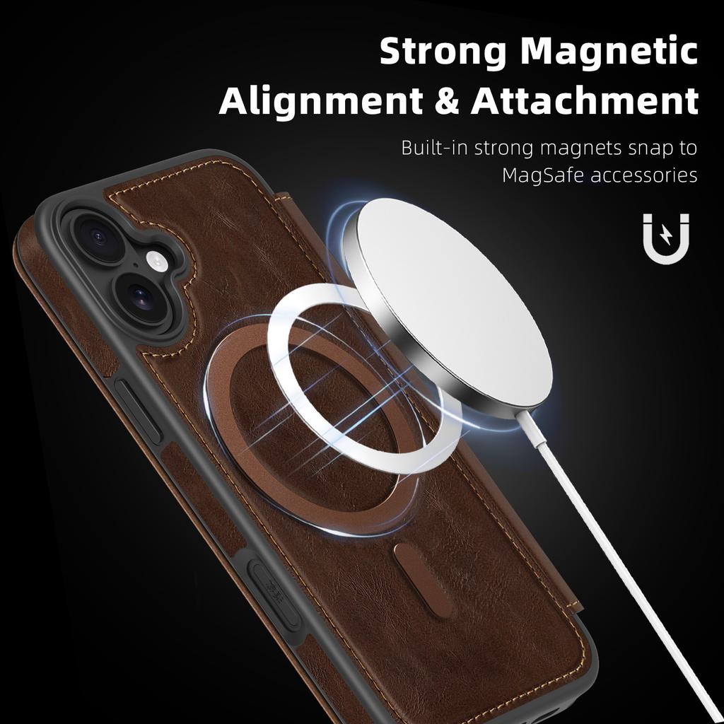 For iPhone 16 Case Compatible with MagSafe RFID Blocking Card Holder Leather Phone Cover