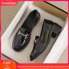 Women's Black Leather High Heel Loafers - 2025 Autumn British Style with Horsebit Buckle, All-Match, Soft Sole.