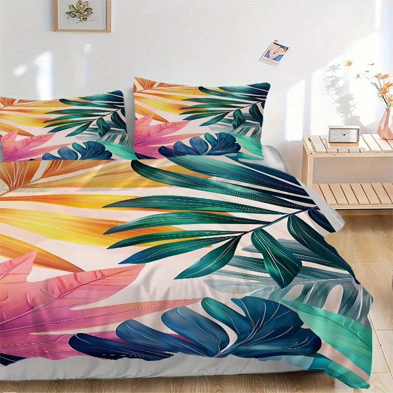 3Pcs Tropical Leaves Printed Bedding Set, Breathable And Soft,(Includes 1 Duvet Cover And 2 Pillowcases, Quilt Not Included) yy250815177