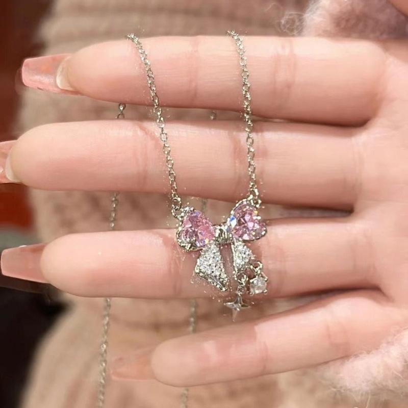 Elegant Pink Bowknot Necklace Women Fashion Jewelry Alloy Texture Elegant Women Necklace Suitable for Comfortable Wear