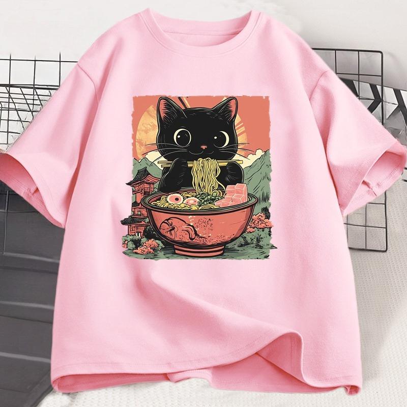 Cute Black Cat Eating RaUnisex TShirt Unisex WOMEN Adorable Graphic Tee Shirt Foodie and Cat Lover Tshirt Animal Printed Tees Top
