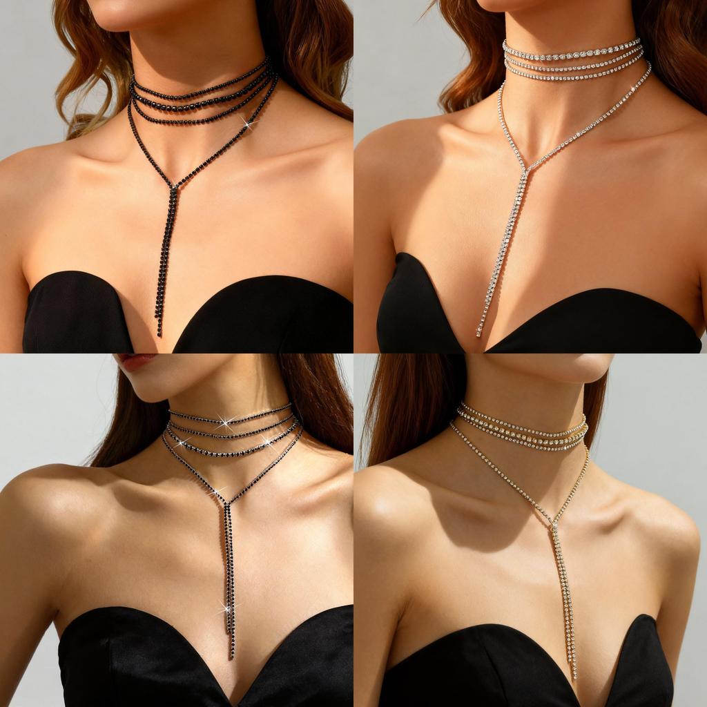 Fashionable Layered Necklace For Women With Cubic Zirconia Crystals And Geometric Line Art For Stylish Looks