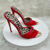 Red Matte Leopard Base Slippers Pointed Toe Thin High Heels Women's Shoes Summer Casual Sexy Slip On Party One Word Belt Slipper