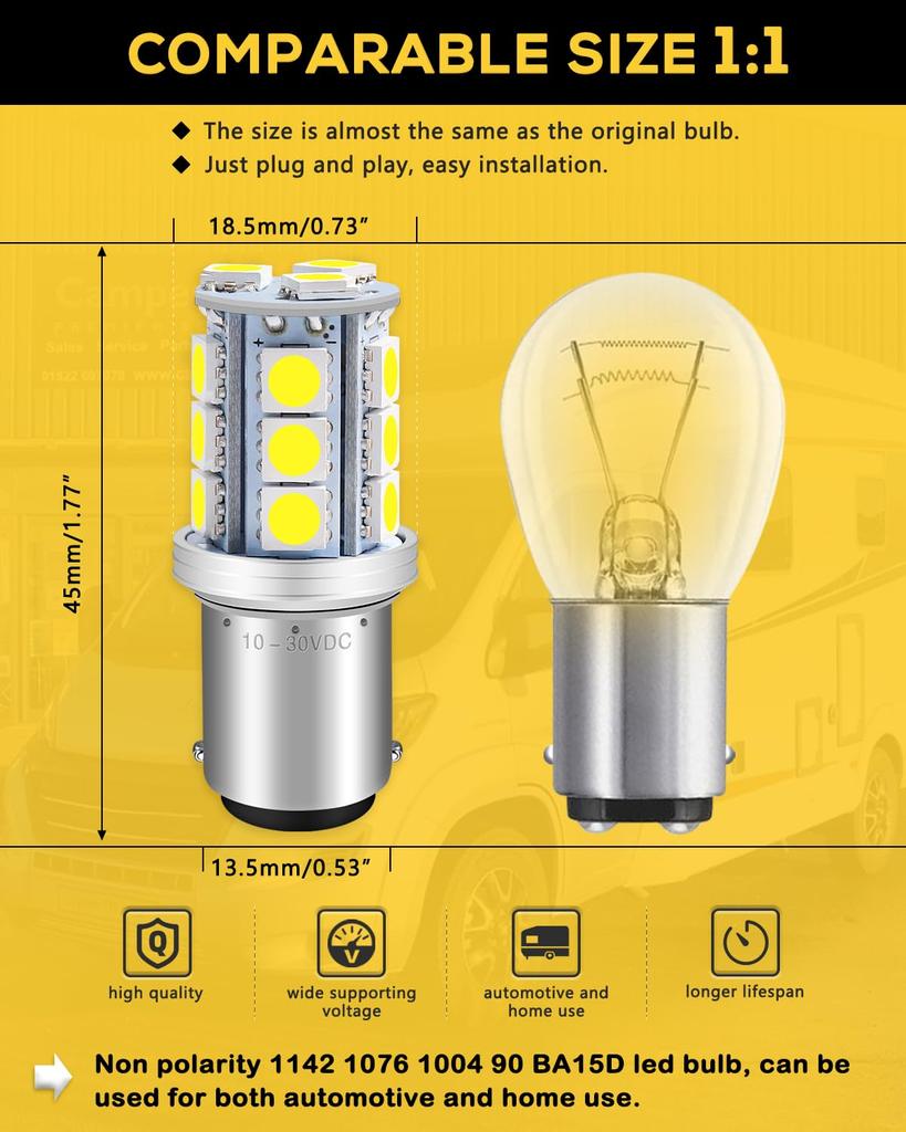 Alopee BA15D LED Белый Замена для 1142 RV Интерьер Кемпер Лодка Прицеп Навигация 18SMD 5050 Чип лампы, Неполярный 6500K, 12В/24В DC/AC 1004,